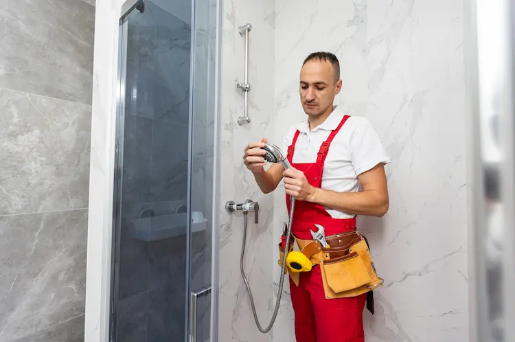 Idraulico che ripara un soffione doccia in un bagno